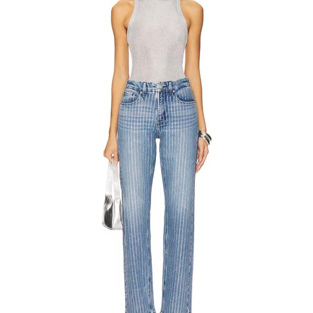 New GOOD AMERICAN Good Icon Rhinestone Straight Jeans – Size 6 / 28 | MSRP $259